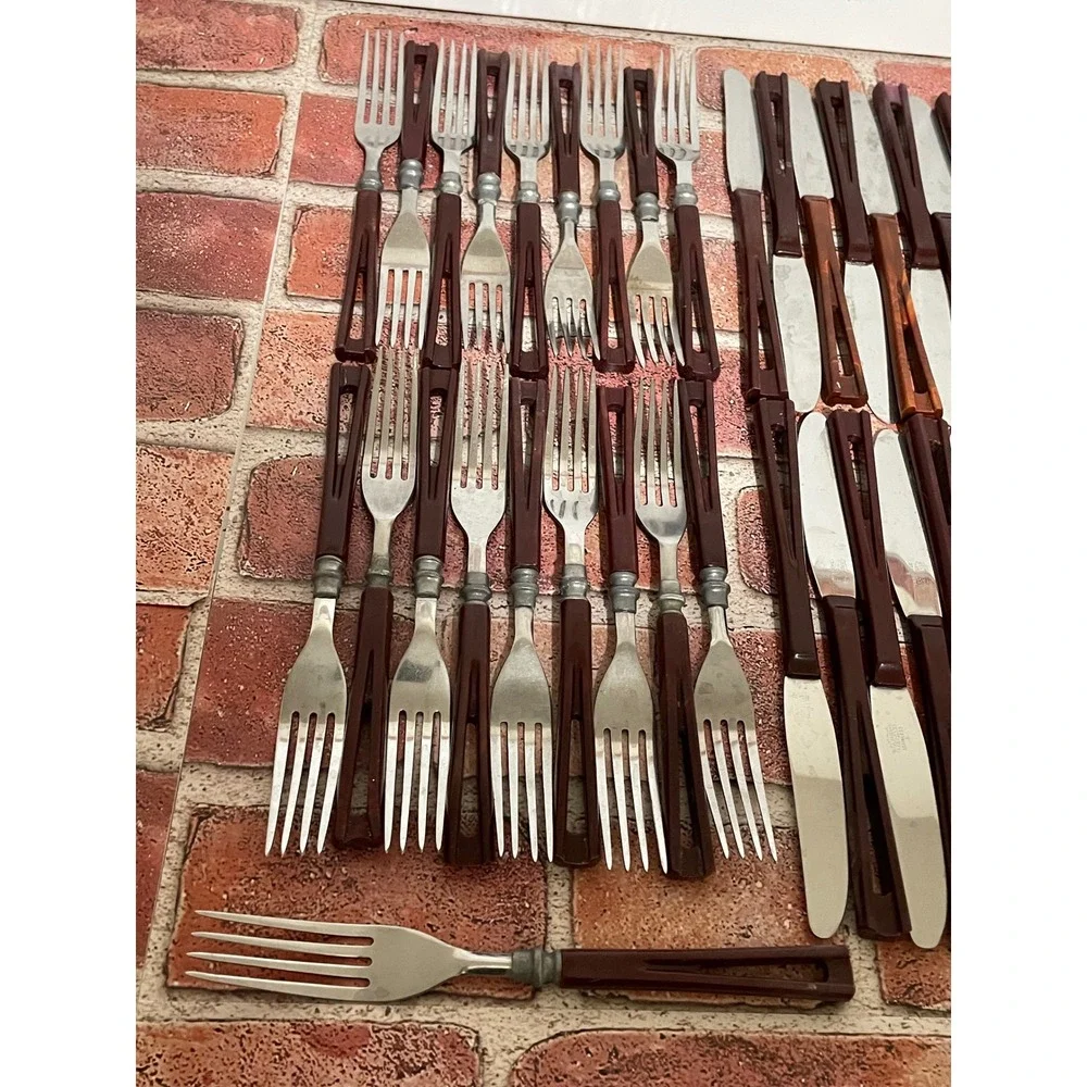 Vintage Stanhome Stainless Flatware Brown Cutout Handle Mid Century 41 Piece Set